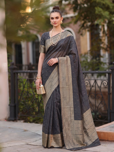 Black Cotton Blend Brocade Pallu Saree | EZB SI04 SUKAT1001