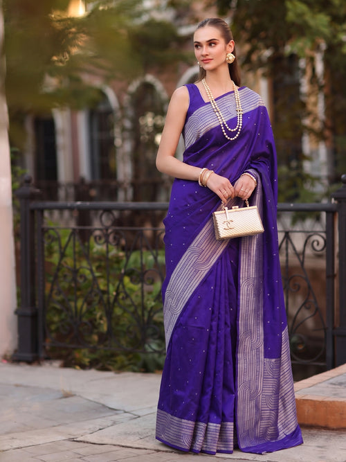 Blue Cotton Blend Brocade Pallu Saree | EZB SI04 SUKAT1002