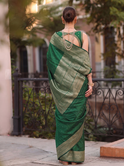 Green Cotton Blend Brocade Pallu Saree | EZB SI04 SUKAT1003