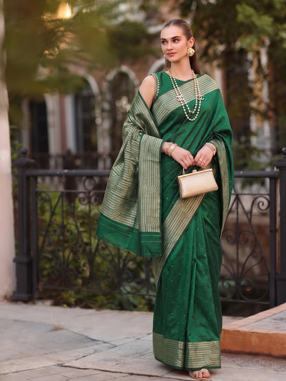 Green Cotton Blend Brocade Pallu Saree | EZB SI04 SUKAT1003