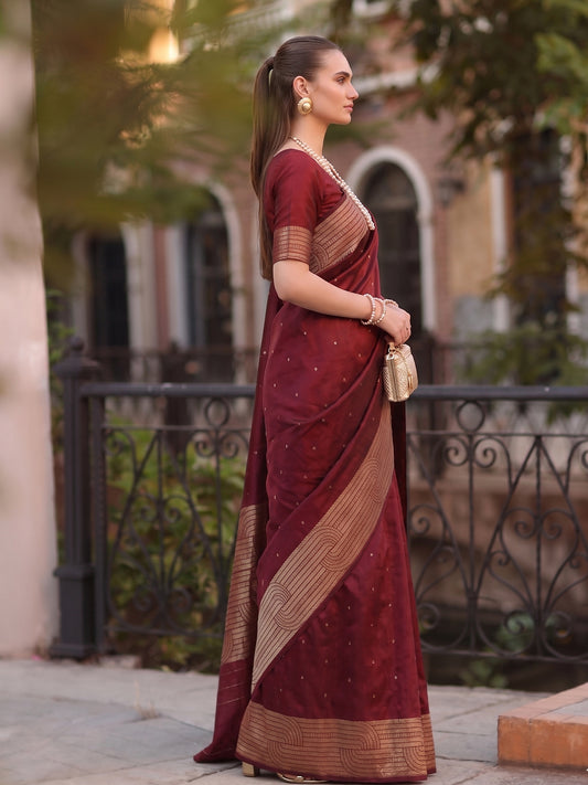 Maroon Cotton Blend Brocade Pallu Saree | EZB SI04 SUKAT1004