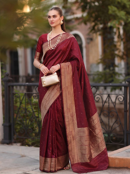 Maroon Cotton Blend Brocade Pallu Saree | EZB SI04 SUKAT1004