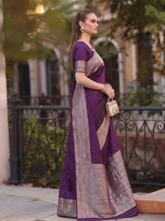 Purple Cotton Blend Brocade Pallu Saree | EZB SI04 SUKAT1005