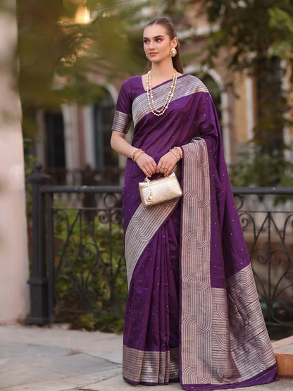 Purple Cotton Blend Brocade Pallu Saree | EZB SI04 SUKAT1005