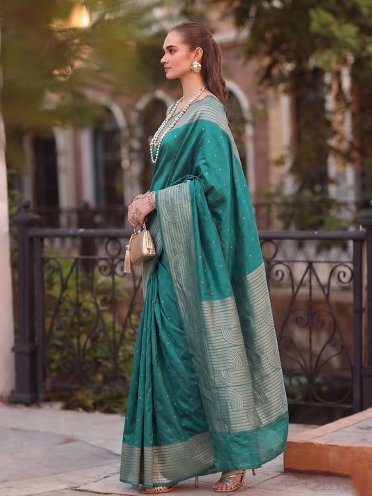 Rama Green Cotton Blend Brocade Pallu Saree | EZB SI04 SUKAT1006