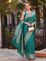 Rama Green Cotton Blend Brocade Pallu Saree | EZB SI04 SUKAT1006
