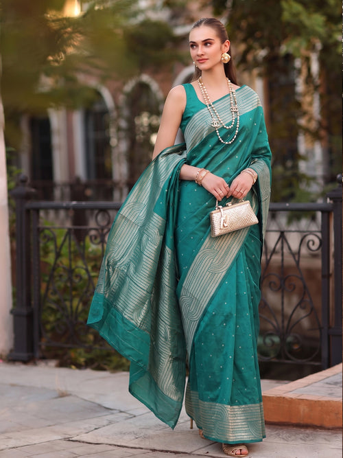 Rama Green Cotton Blend Brocade Pallu Saree | EZB SI04 SUKAT1006