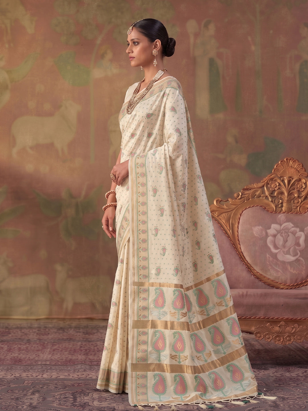 Cream Soft Silk Woven Paisley Saree | EZB SI04 SUKHV1001