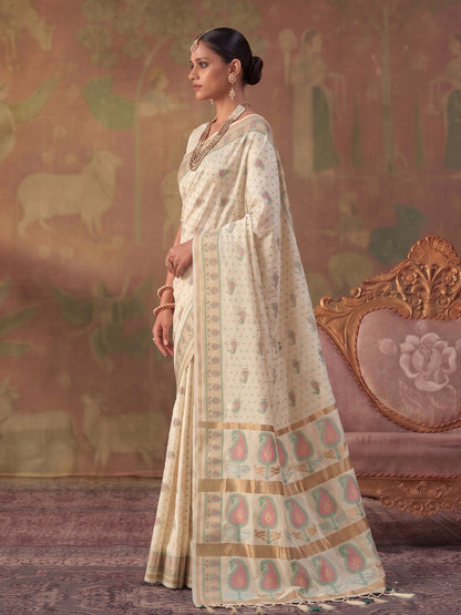 Cream Soft Silk Woven Paisley Saree | EZB SI04 SUKHV1001