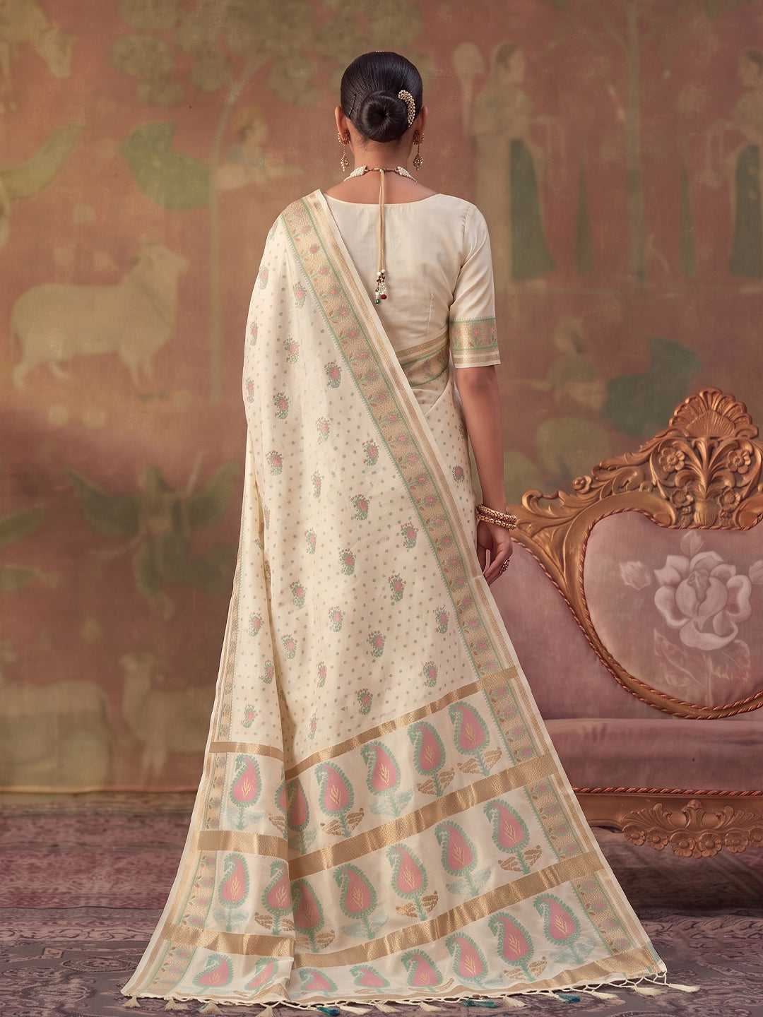 Cream Soft Silk Woven Paisley Saree | EZB SI04 SUKHV1001