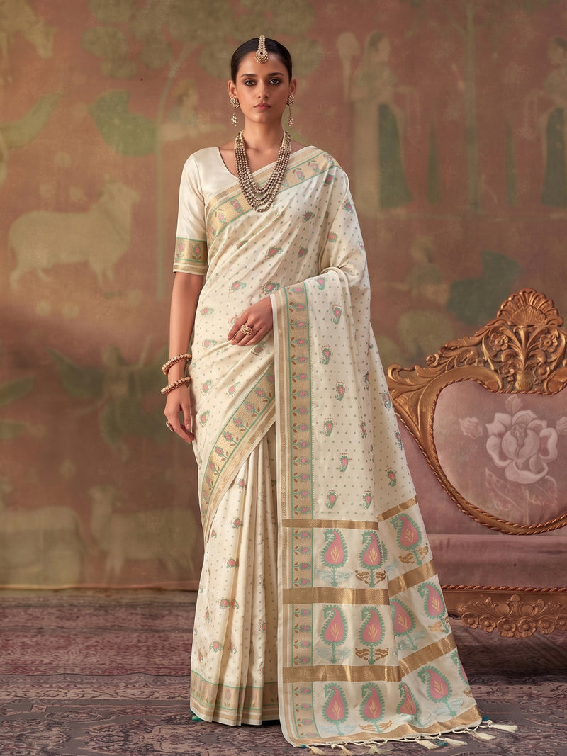 Cream Soft Silk Woven Paisley Saree | EZB SI04 SUKHV1001