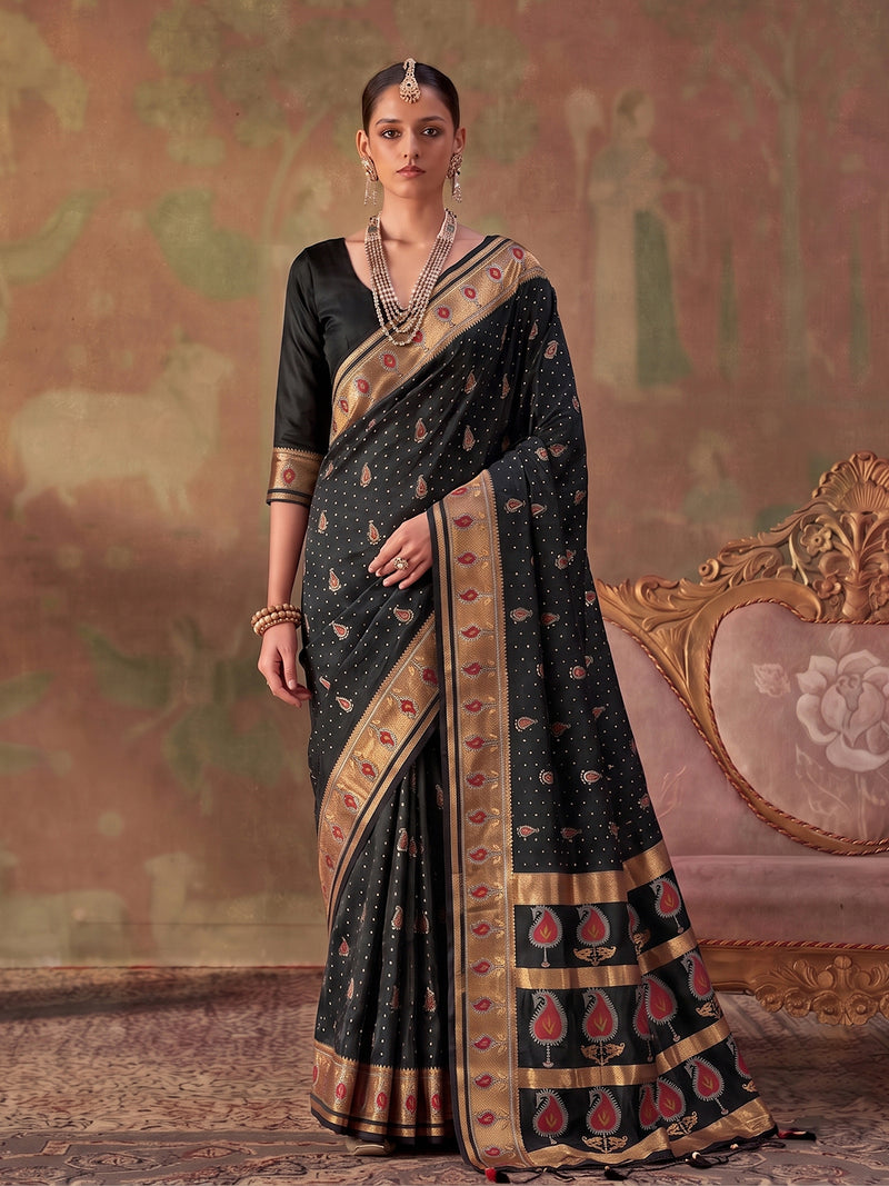 Black Soft Silk Woven Paisley Saree | EZB SI04 SUKHV1004