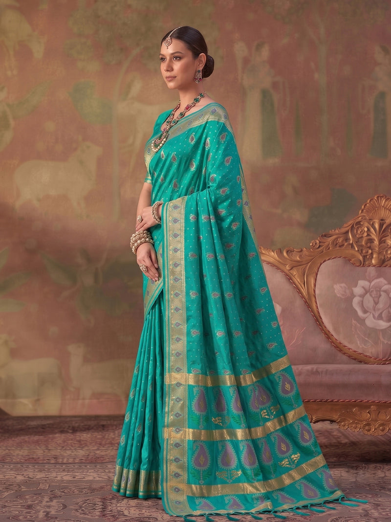 Sea Green Soft Silk Woven Paisley Saree | EZB SI04 SUKHV1005