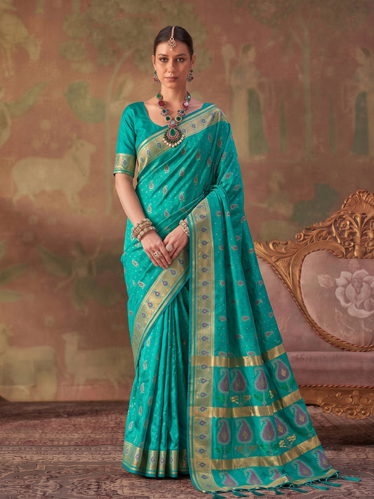 Sea Green Soft Silk Woven Paisley Saree | EZB SI04 SUKHV1005