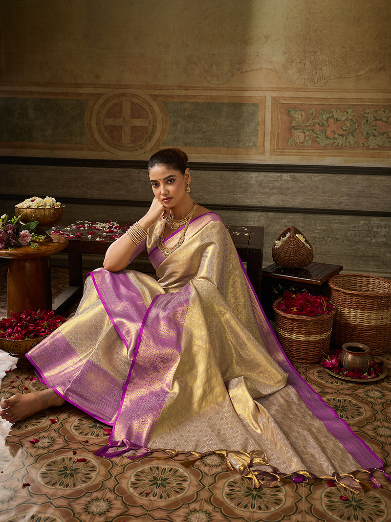 Cream Kanchivaram Silk Banarasi Saree | EZB SI04 SUKPS1001