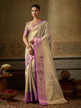 Cream Kanchivaram Silk Banarasi Saree | EZB SI04 SUKPS1001