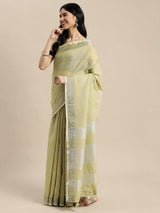 Olive Green Linen Cotton Brocade Saree | EZB SI04 SUKRG1002