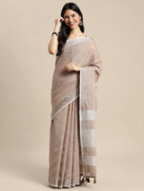 Beige Linen Cotton Brocade Saree | EZB SI04 SUKRG1004