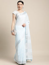 Sky Blue Linen Cotton Brocade Saree | EZB SI04 SUKRG1006