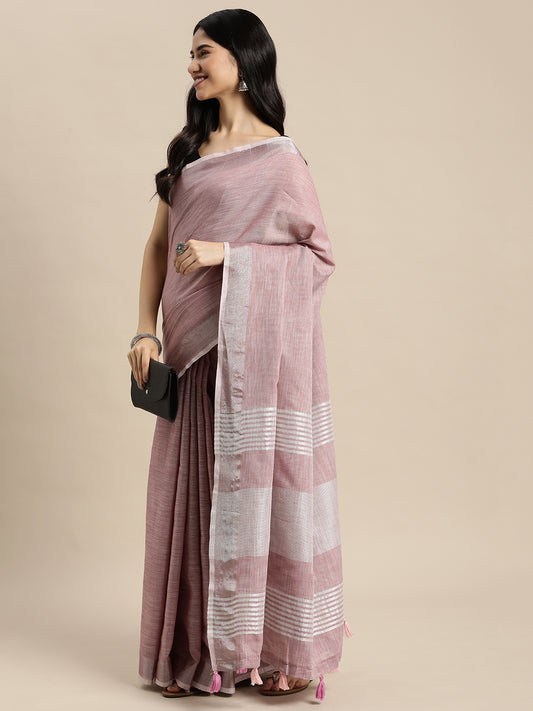 Linen Cotton Purple Brocade Saree With Blouse Piece