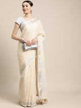 Cream Linen Cotton Brocade Saree | EZB SI04 SUKRG1015