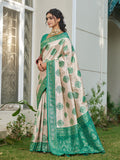Silk Blend Cream & Sea Green Brocade Saree With Blouse Piece