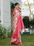 Silk Blend Cream & Red Brocade Saree With Blouse Piece