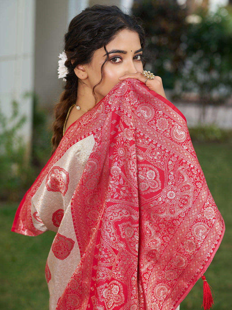 Silk Blend Cream & Red Brocade Saree With Blouse Piece