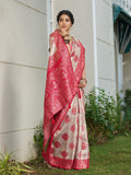 Silk Blend Cream & Red Brocade Saree With Blouse Piece