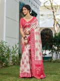Silk Blend Cream & Red Brocade Saree With Blouse Piece