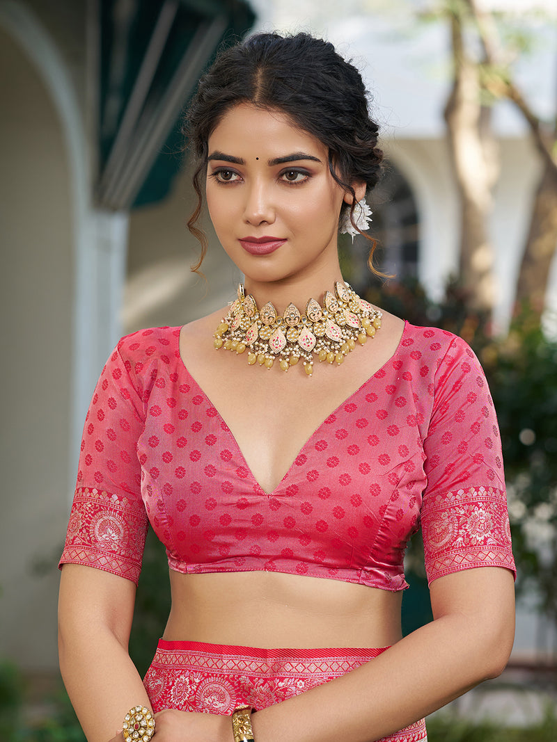 Silk Blend Cream & Red Brocade Saree With Blouse Piece