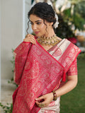 Silk Blend Cream & Red Brocade Saree With Blouse Piece