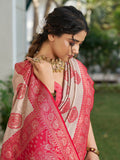 Silk Blend Cream & Red Brocade Saree With Blouse Piece