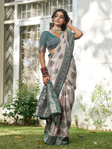 Cream & Dark Green Silk Blend Brocade Saree | EZB SI04 SUKUD1003