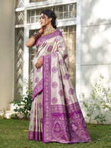 Cream & Purple Silk Blend Brocade Saree | EZB SI04 SUKUD1005