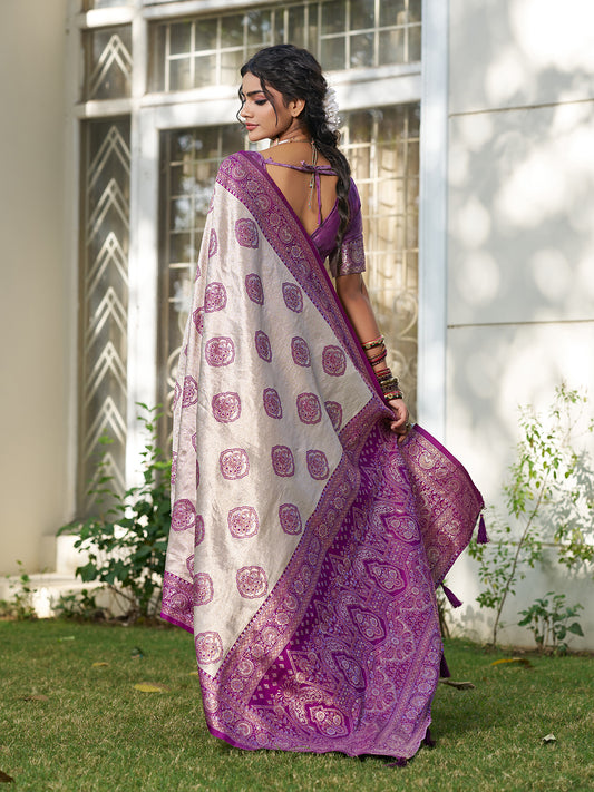 Silk Blend Cream & Purple Brocade Saree With Blouse Piece