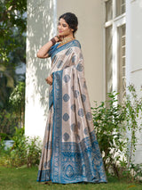 Cream & Blue Silk Blend Brocade Saree | EZB SI04 SUKUD1006