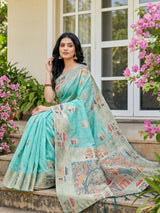 Sky Blue Linen Cotton Brocade Saree | EZB SI04 SULIG1004