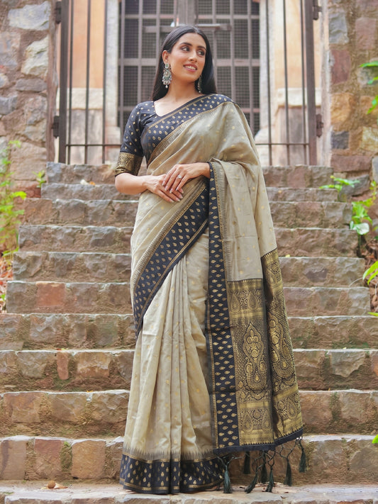 Brown & Black Cotton Banarasi Saree | EZB SI04 SUMAD2001