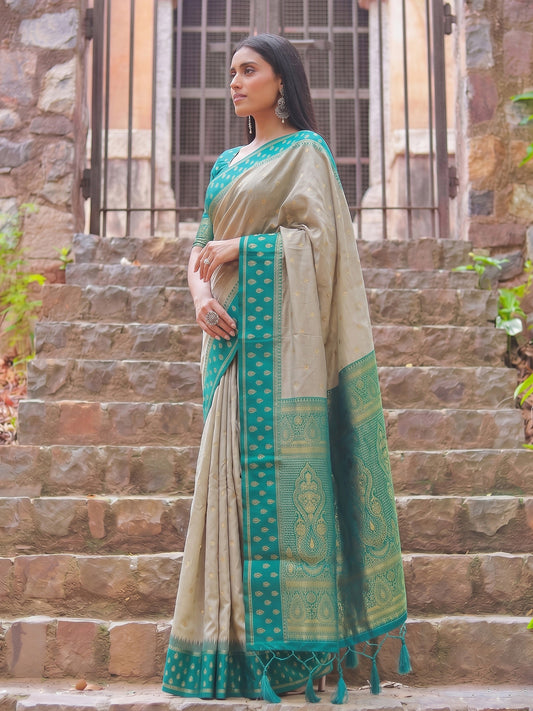 Brown & Teal Cotton Banarasi Saree | EZB SI04 SUMAD2002