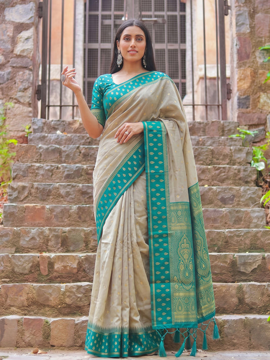 Brown & Teal Cotton Banarasi Saree | EZB SI04 SUMAD2002