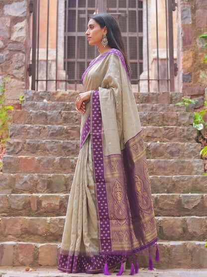 Brown & Purple Cotton Banarasi Saree | EZB SI04 SUMAD2003