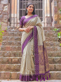 Brown & Purple Cotton Banarasi Saree | EZB SI04 SUMAD2003
