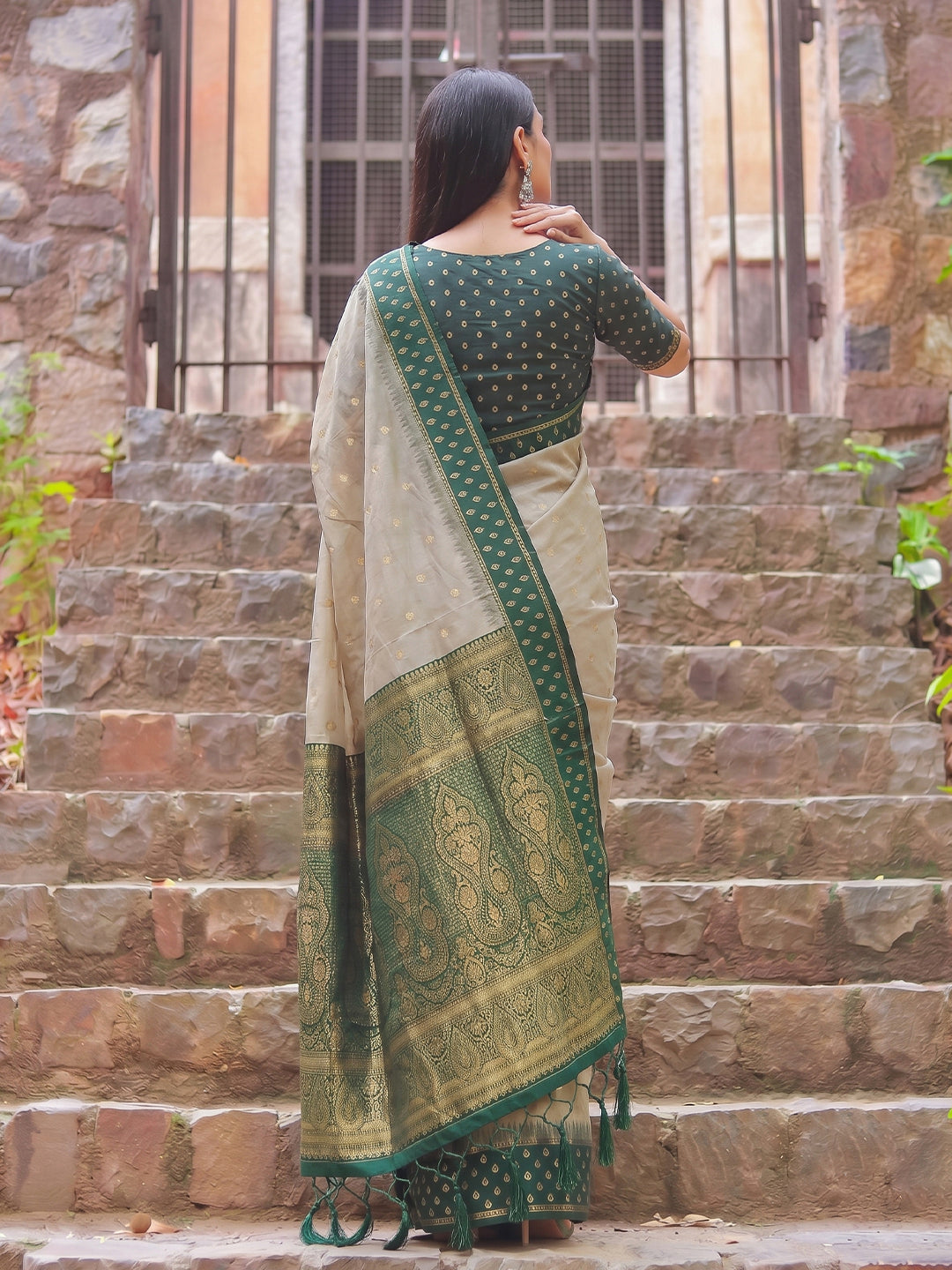 Brown & Green Cotton Banarasi Saree | EZB SI04 SUMAD2004