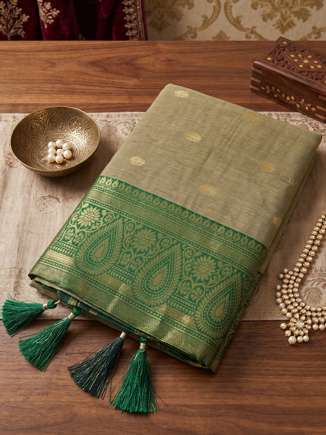 Brown & Green Cotton Banarasi Saree | EZB SI04 SUMAD2004