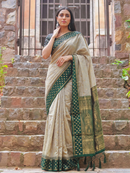 Brown & Green Cotton Banarasi Saree | EZB SI04 SUMAD2004