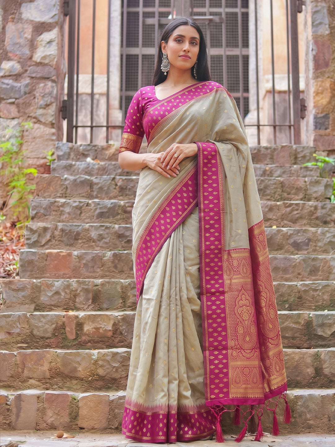 Brown & Pink Cotton Banarasi Saree | EZB SI04 SUMAD2005