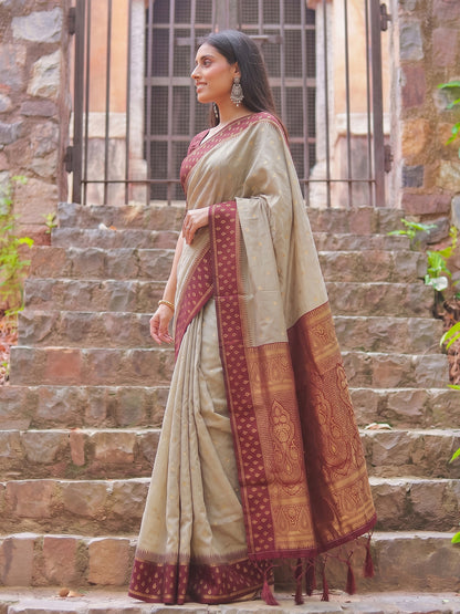Brown & Red Cotton Banarasi Saree | EZB SI04 SUMAD2006