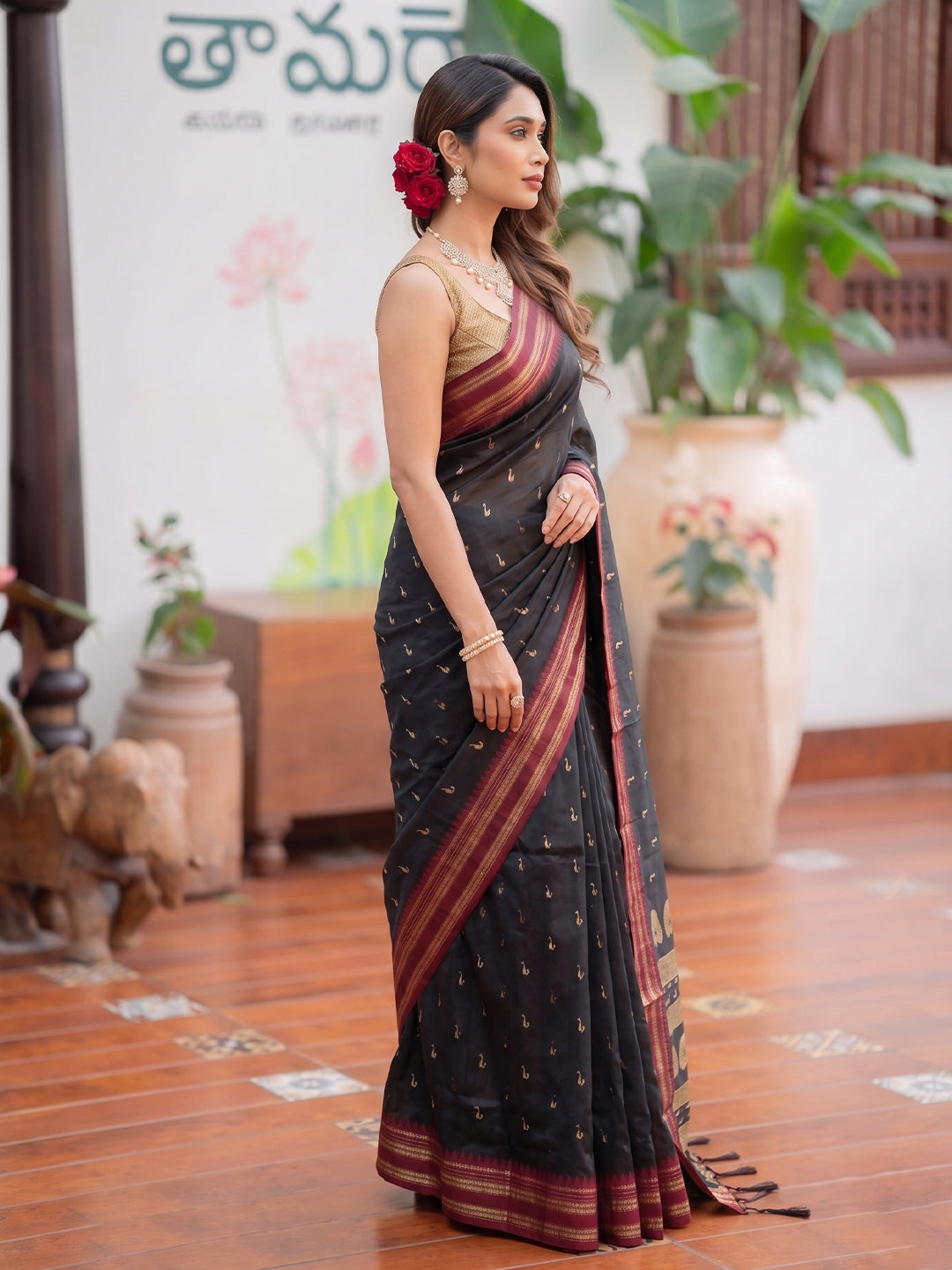 Black & Golden Soft Silk Ikat Saree | EZB SI04 SUMAH2001