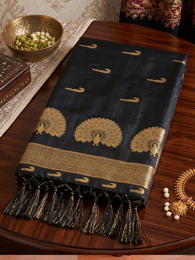 Black & Golden Soft Silk Ikat Saree | EZB SI04 SUMAH2001